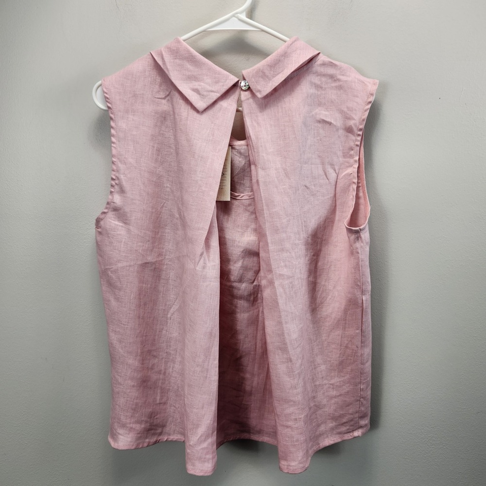 Lintico 100% Linen Sleeveless Pleated High Neck Split Back Blouse Pink XL NEW - Picture 2 of 8